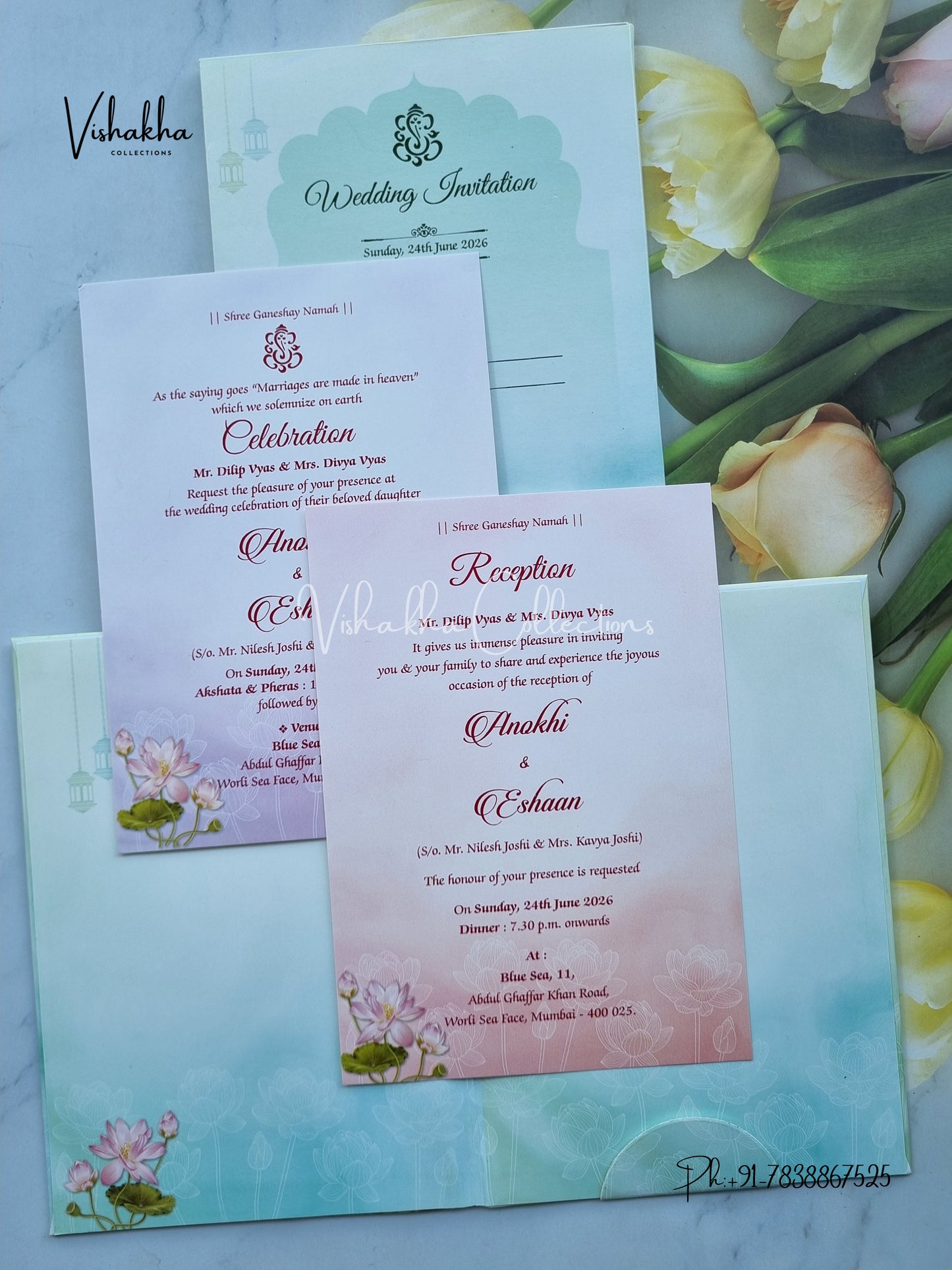 Lotus Flower Hindu Muslim Christian Sikh Padded Colored invitation Cards CC-3622