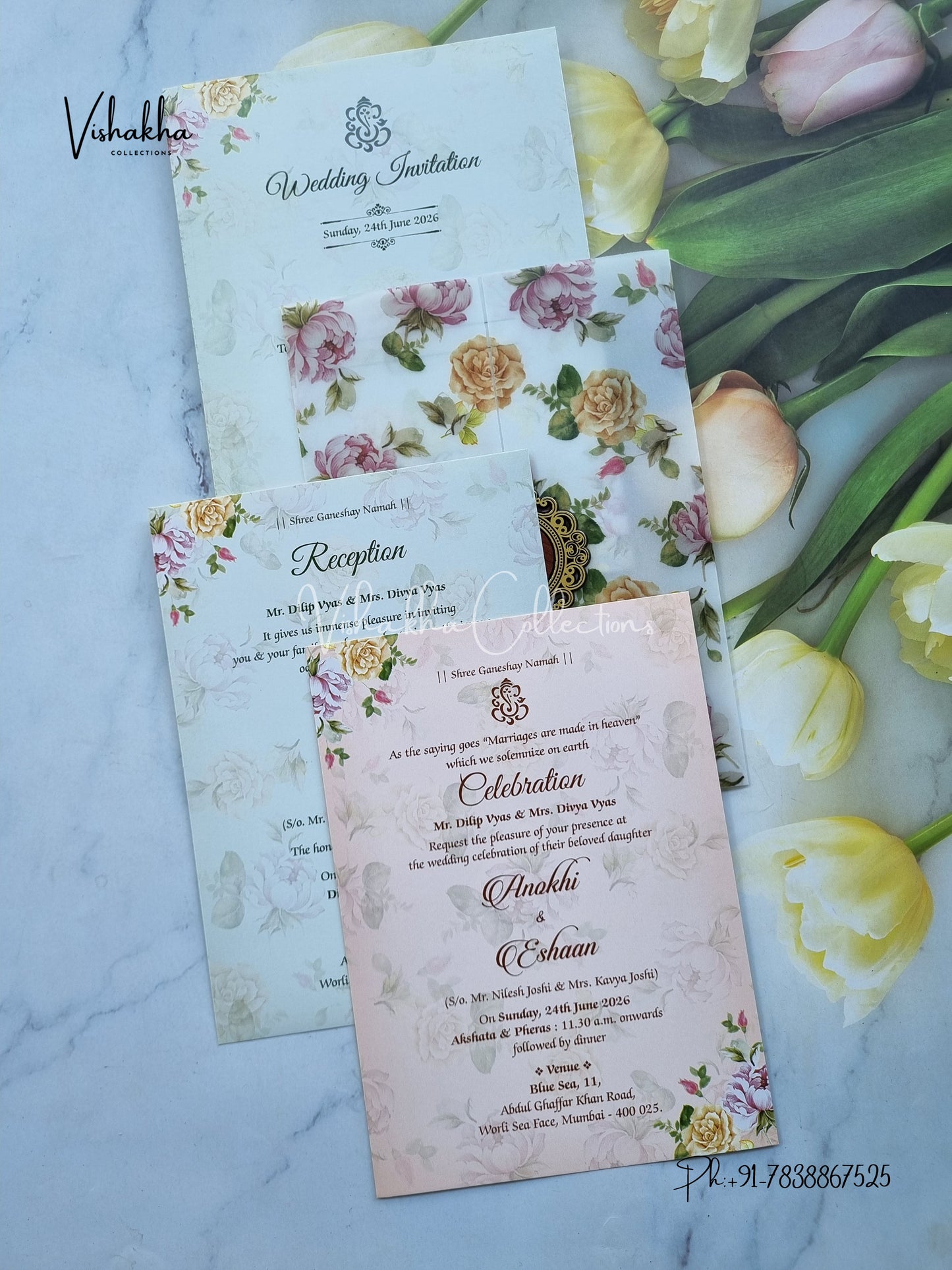 Flower Double Door Hindu Muslim Christian Sikh Vellum Paper Colored invitation Cards CC-3634