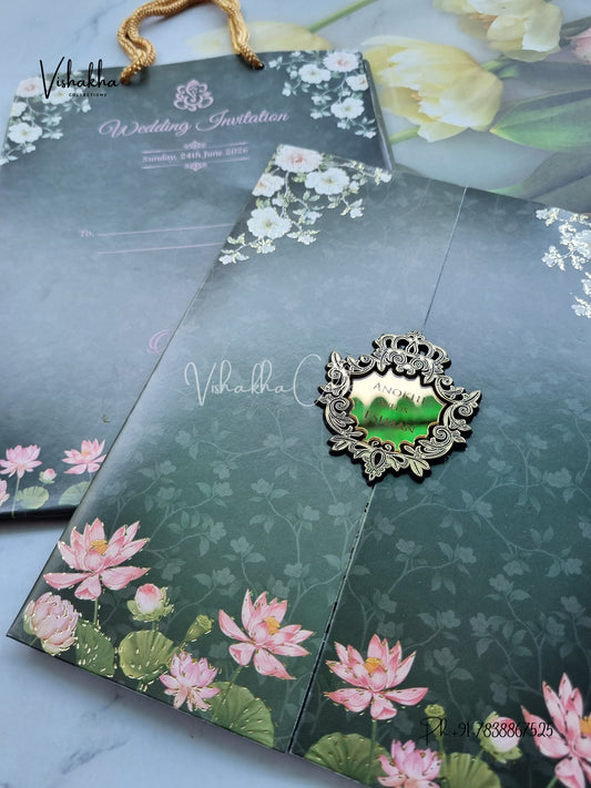 Flower Double Door Hindu Muslim Christian Sikh Carry Bag Colored invitation Cards CC-3649