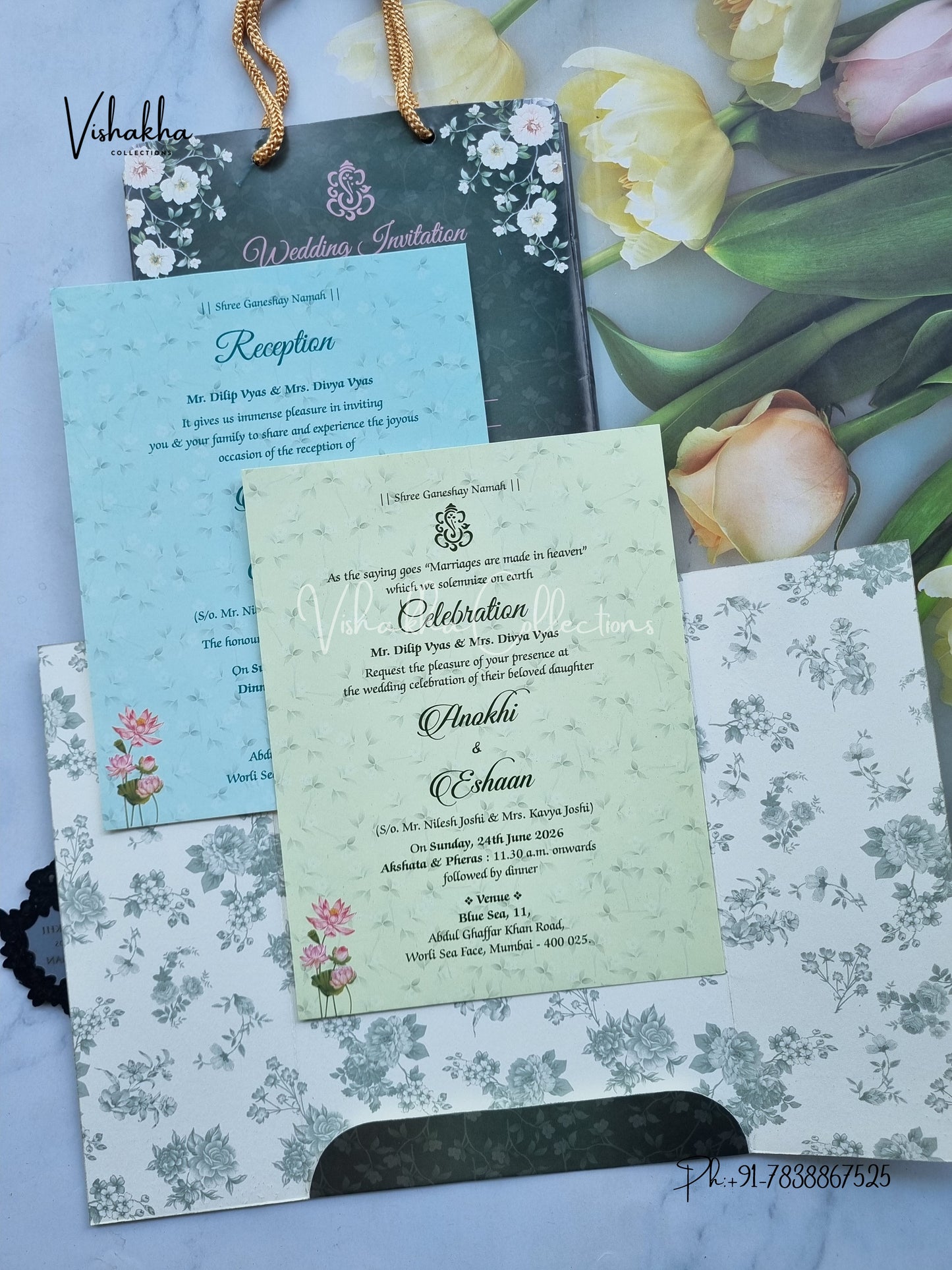 Flower Double Door Hindu Muslim Christian Sikh Carry Bag Colored invitation Cards CC-3649