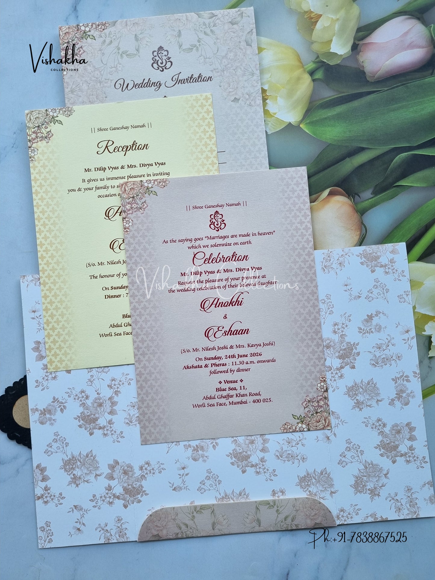 Flower Double Door Hindu Muslim Christian Sikh Colored invitation Cards CC-3650