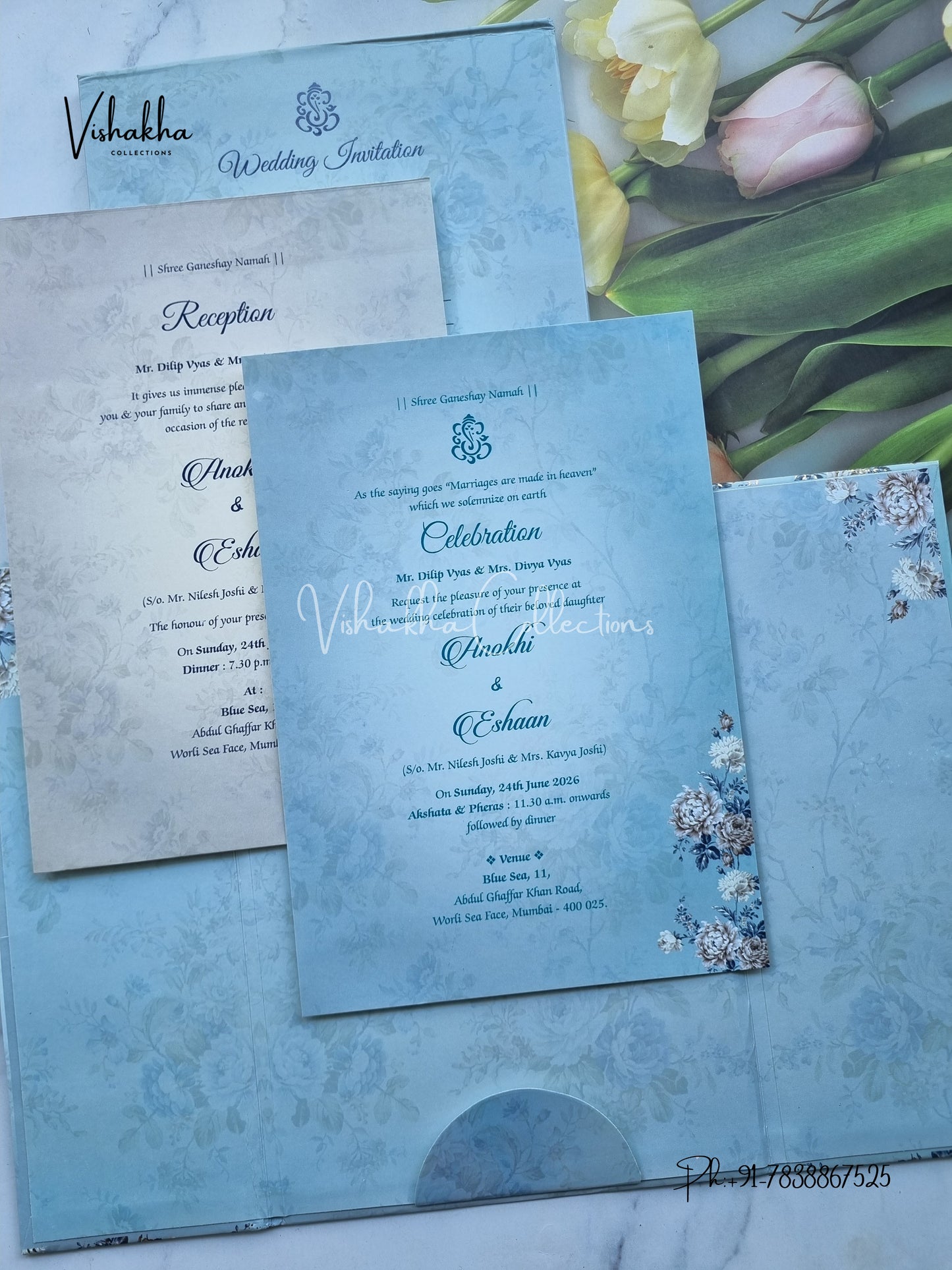 Flower Double Door Hindu Muslim Christian Sikh Padded Colored invitation Cards CC-3661