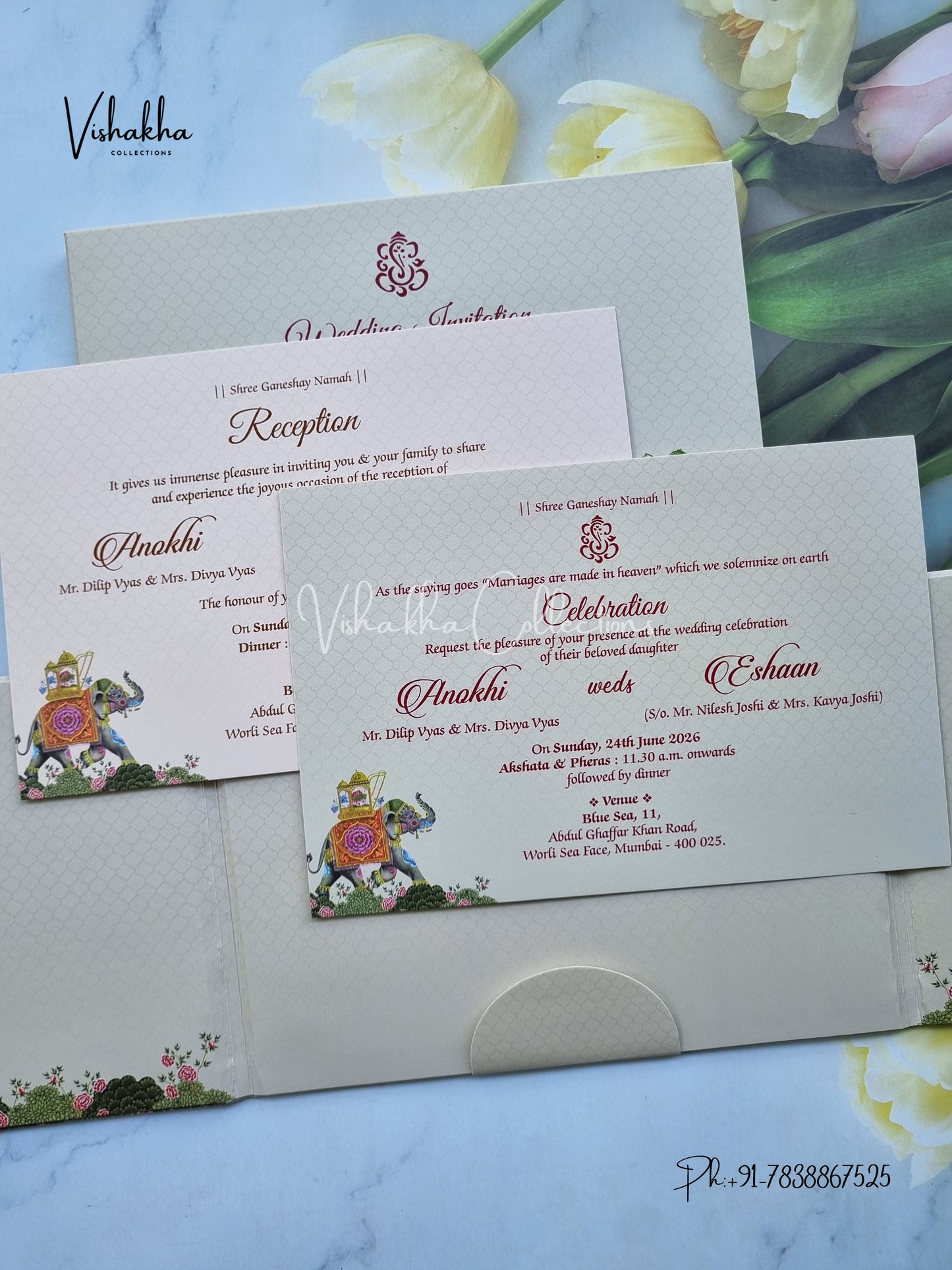 Hathi Double Door Hindu Sikh Padded Colored invitation Cards CC-3674