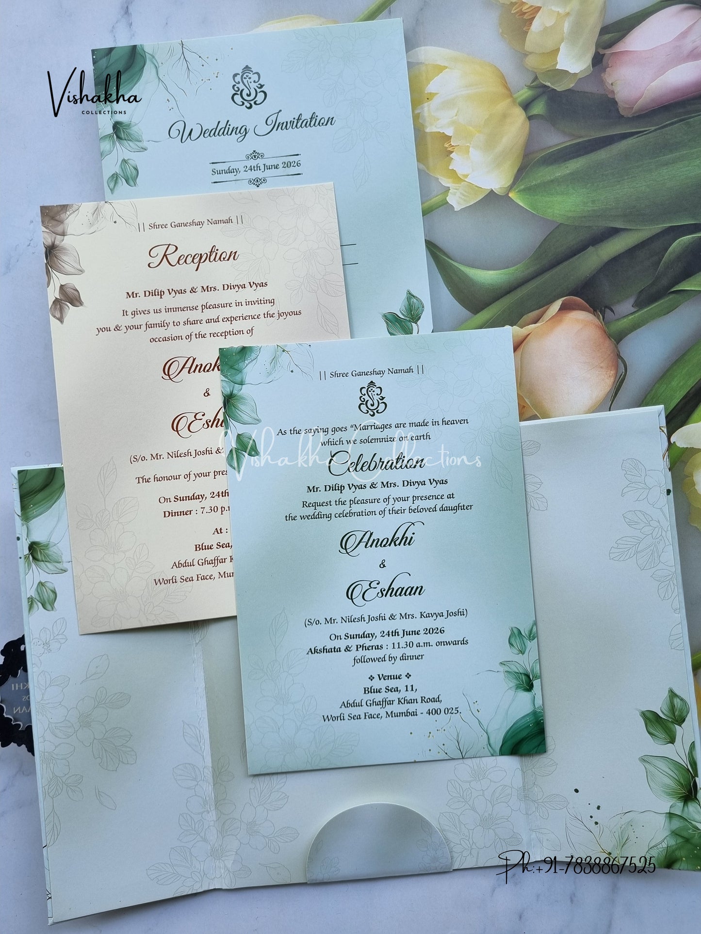 Flower Double Door Hindu Muslim Christian Sikh Padded Colored invitation Cards CC-3675