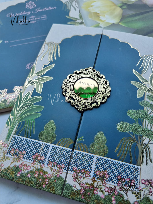 Flower Double Door Hindu Muslim Christian Sikh Padded Colored invitation Cards CC-3676