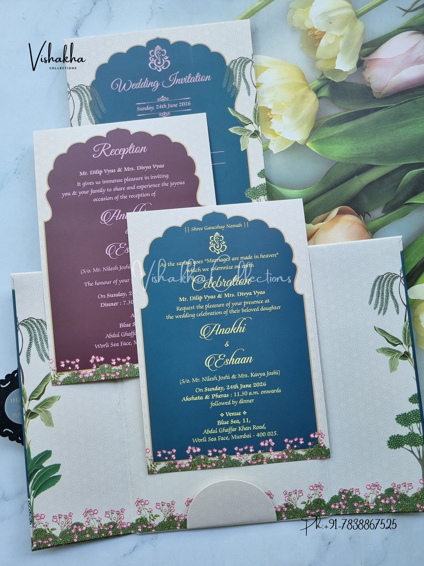 Flower Double Door Hindu Muslim Christian Sikh Padded Colored invitation Cards CC-3676