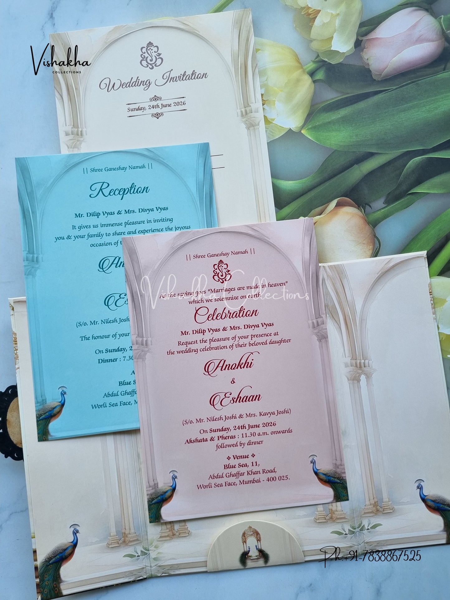 Peacock Double Door Hindu Sikh Padded Colored invitation Cards CC-3677