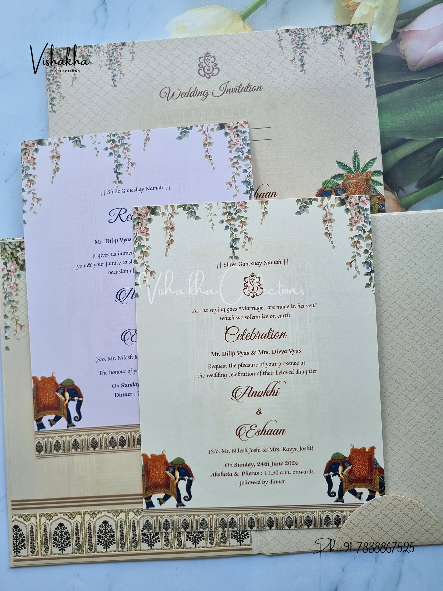 Hathi Hindu Sikh Padded Colored invitation Cards CC-3685