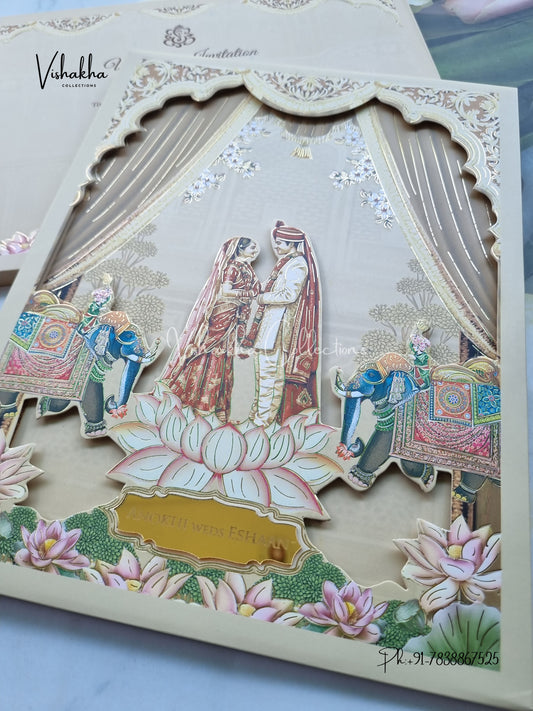 Lotus Hathi Dulah Dulhan Hindu Sikh Padded Colored invitation Cards CC-3686