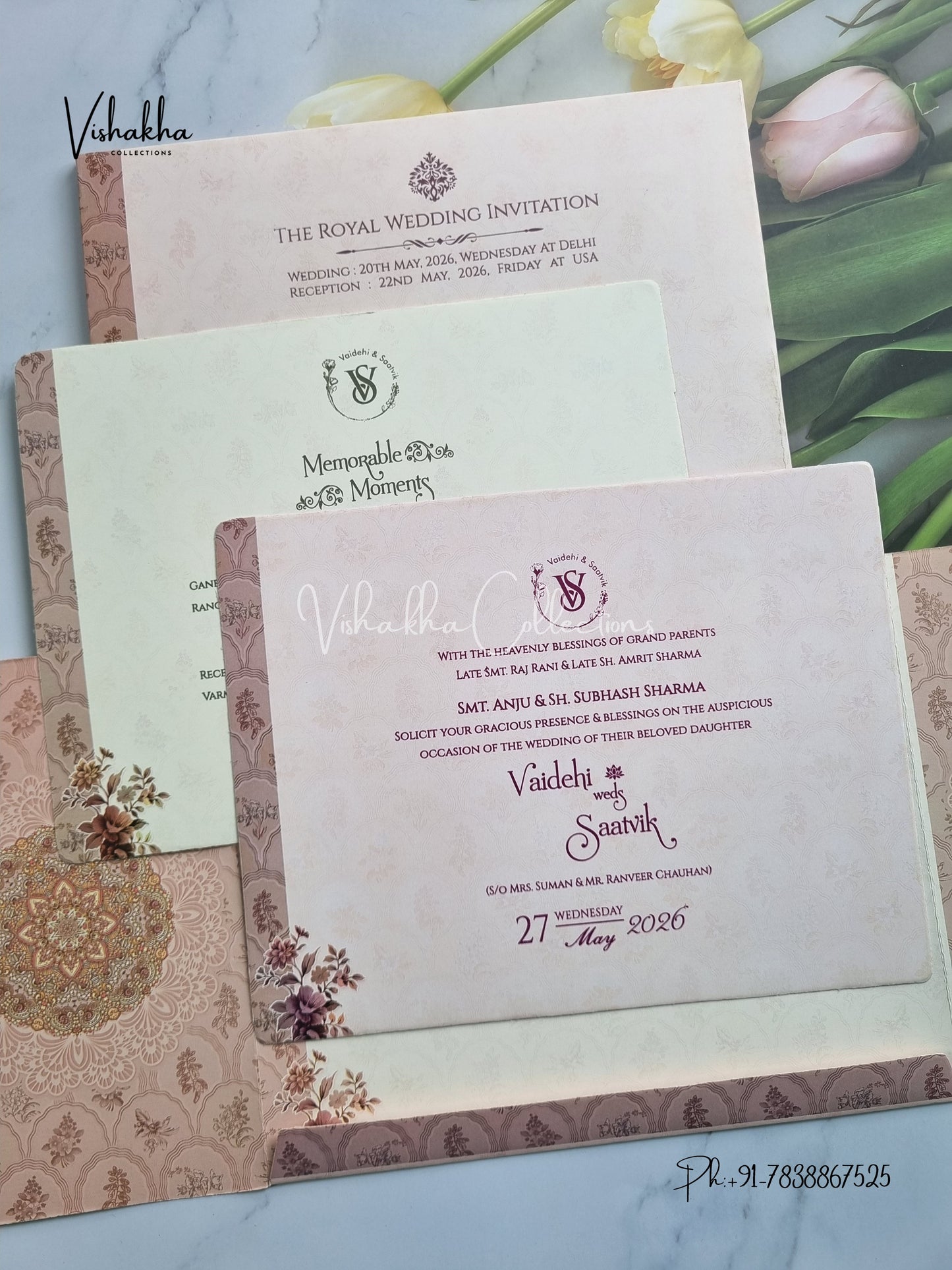 Semi Box Flower Double Door Hindu Muslim Christian Sikh invitation Cards CR-1038