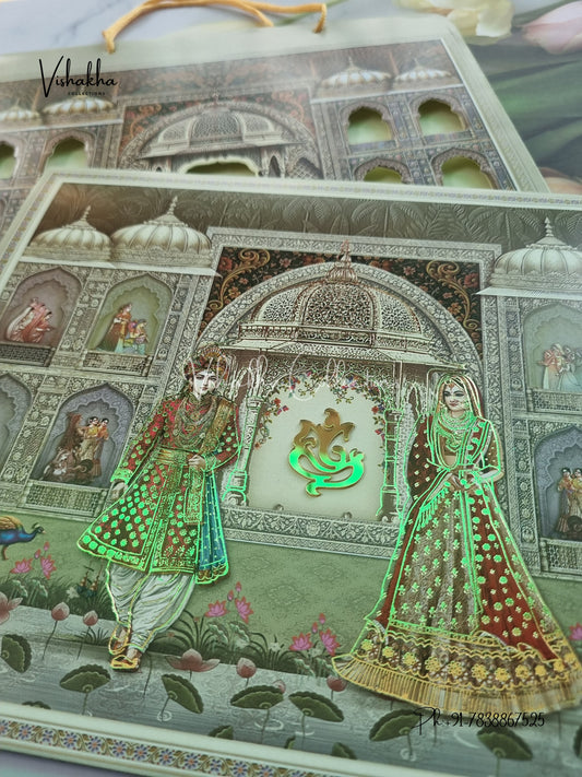 Peacock Semi Box Hathi Dulah Dulhan Hindu Sikh Carry Bag invitation Cards CR-7053