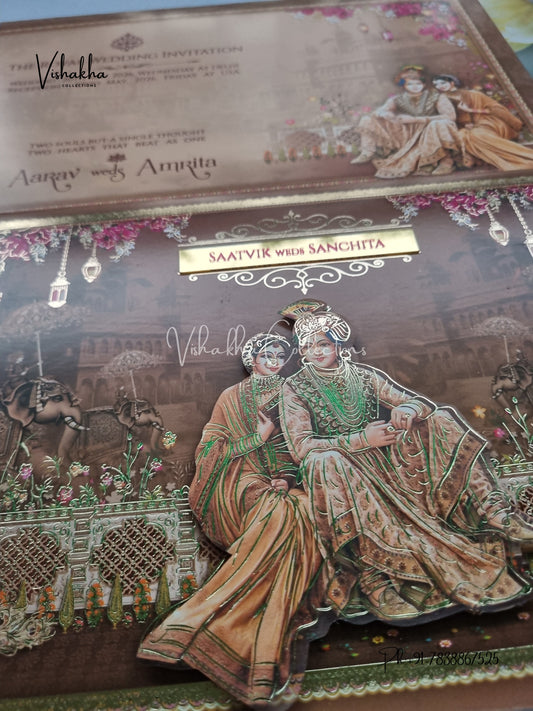 Peacock Barat Semi Box Hathi Hindu Sikh invitation Cards CR-7072