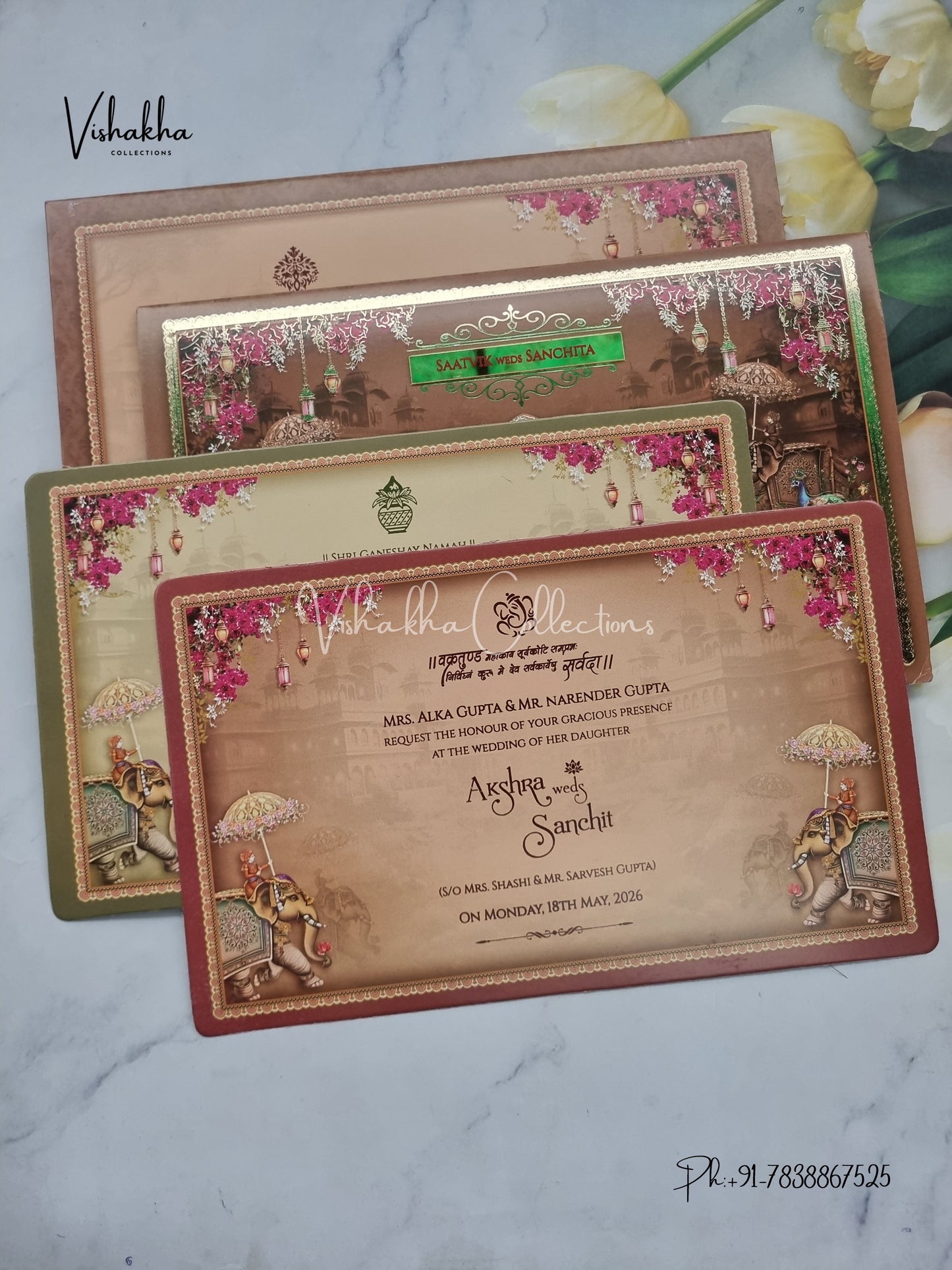 Peacock Barat Semi Box Hathi Hindu Sikh invitation Cards CR-7072