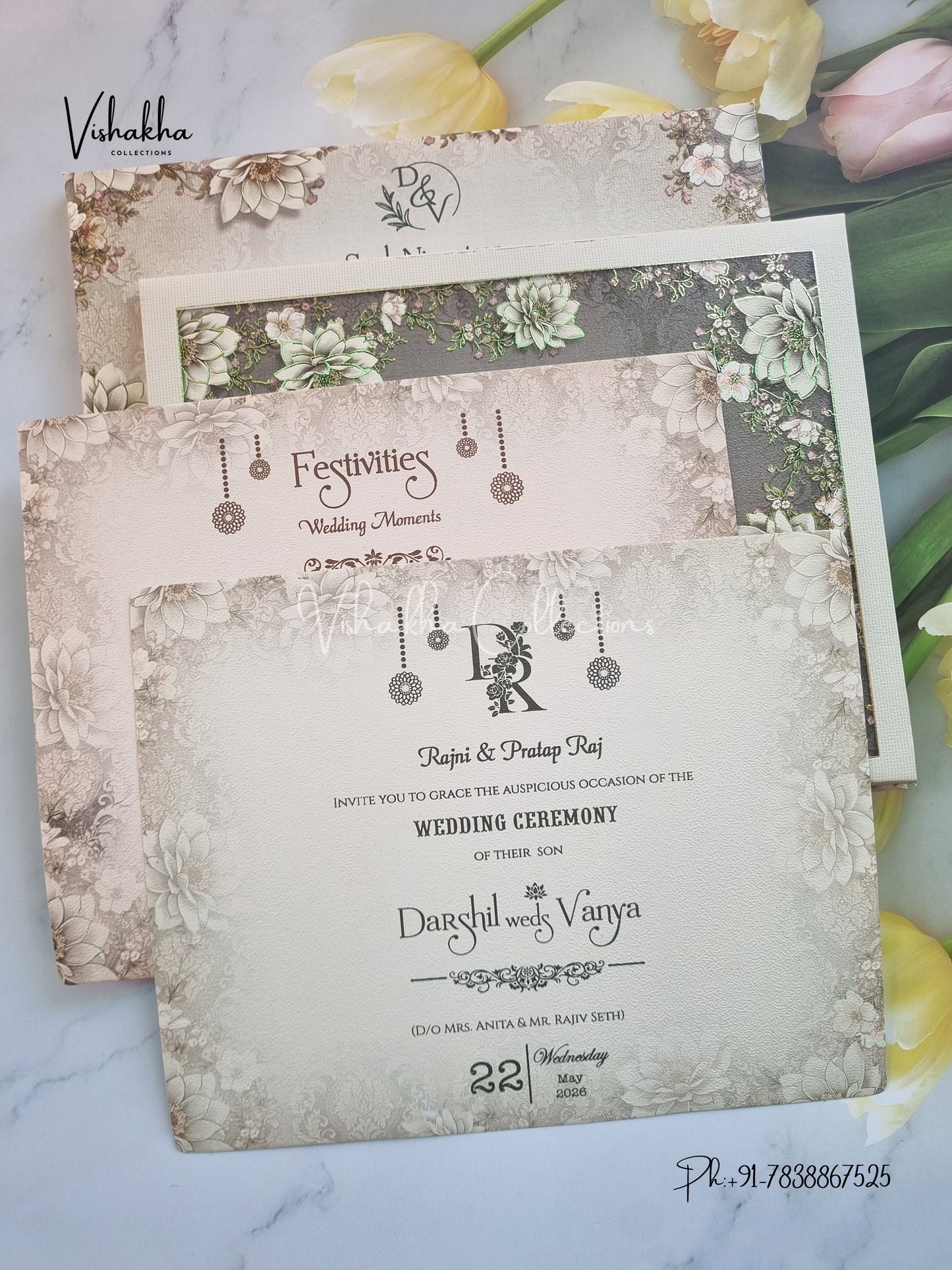 Flower Hindu Muslim Christian Sikh Padded invitation Cards CR-8004-FOAM