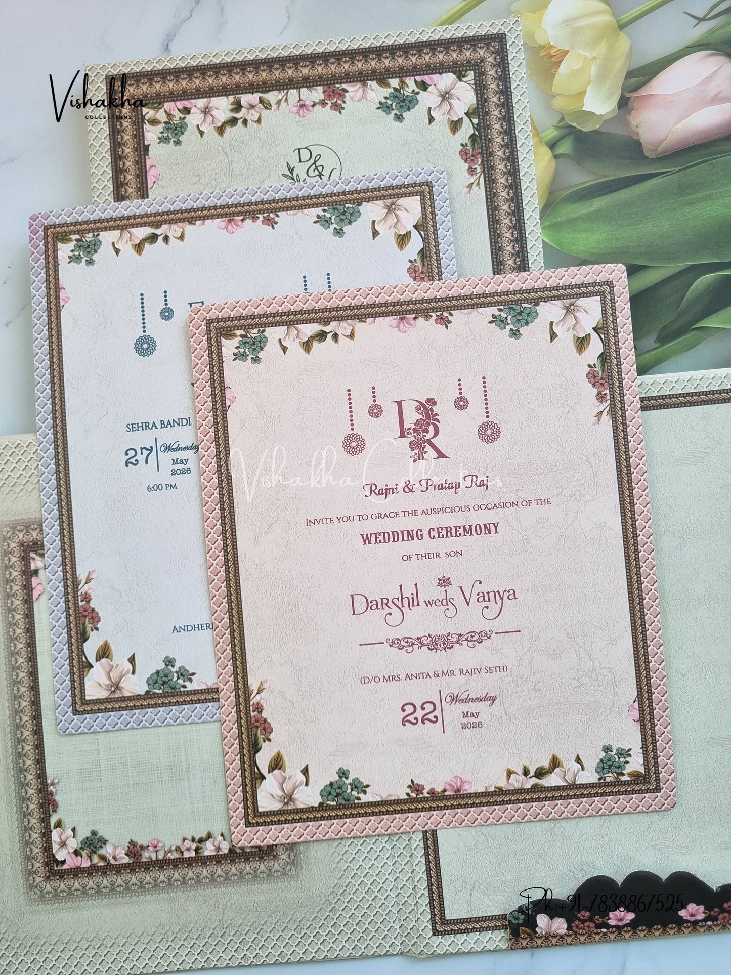 Flower Hindu Muslim Christian Sikh Padded invitation Cards CR-8006