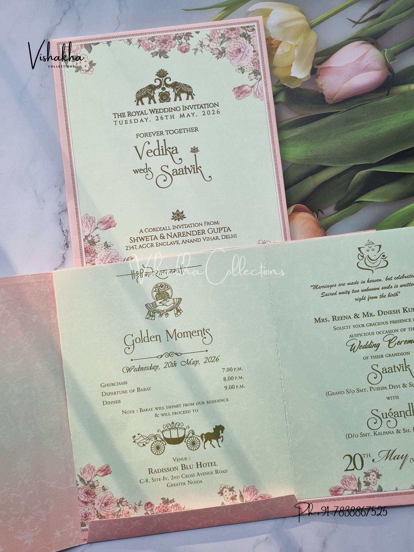 Semi Box Flower Double Door Hindu Muslim Christian Sikh invitation Cards CR-8027