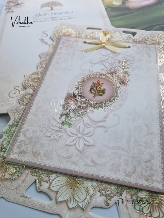 Semi Box Ganesh Ji Flower Hindu Sikh invitation Cards CR-8042