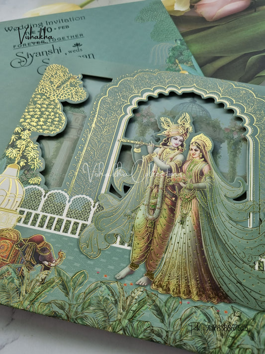 Radha Krishna Semi Box Hathi Hindu Padded invitation Cards EJ-5002