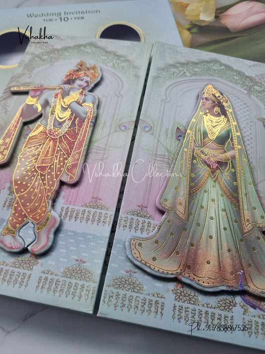 Radha Krishna Peacock Double Door Hindu Padded invitation Cards EJ-5019