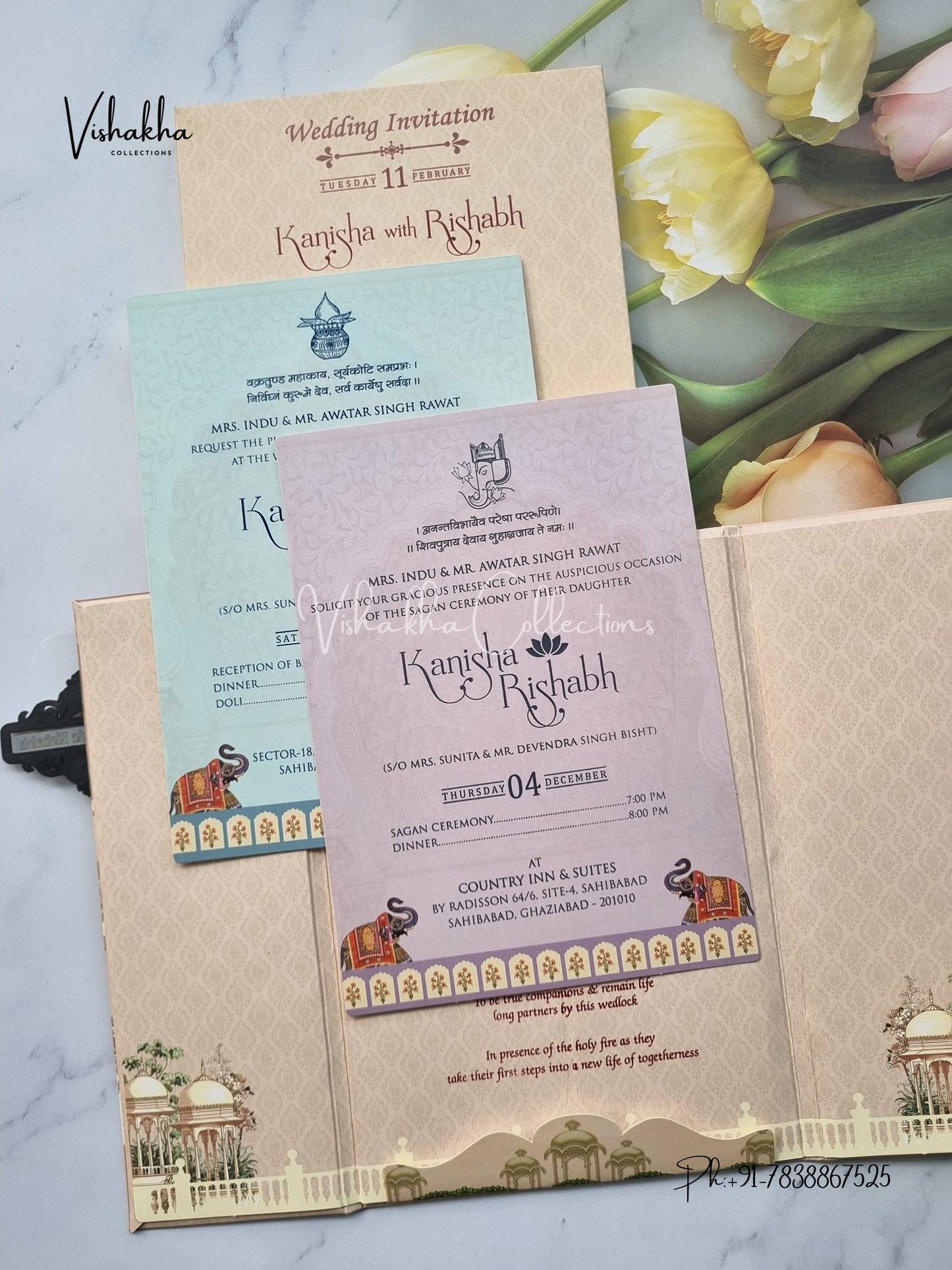 Semi Box Hathi Double Door Hindu Sikh Padded invitation Cards EJ-5034