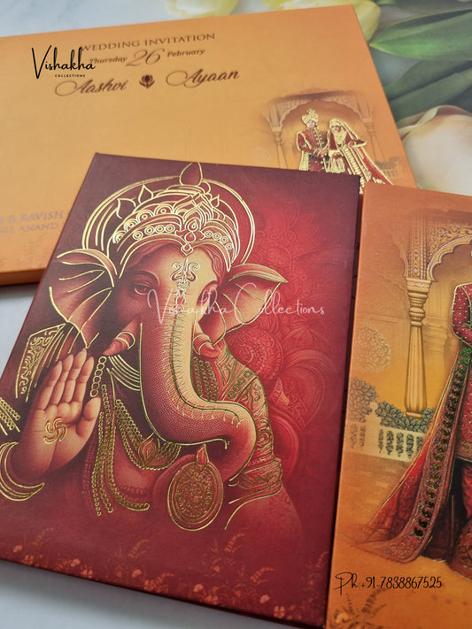 Semi Box Ganesh Ji Dulah Dulhan Double Door Hindu Sikh Padded invitation Cards EJ-5036