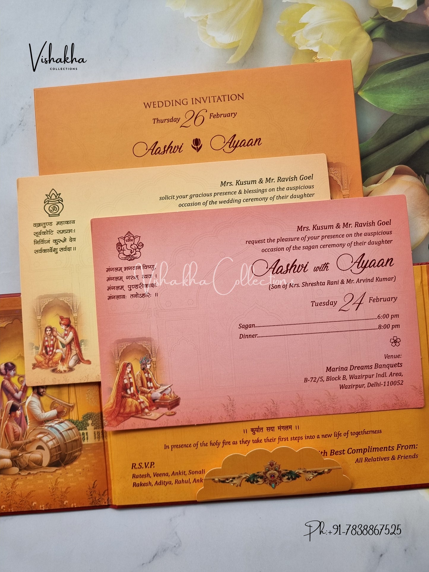 Semi Box Ganesh Ji Dulah Dulhan Double Door Hindu Sikh Padded invitation Cards EJ-5036