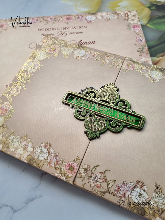Semi Box Flower Double Door Hindu Muslim Christian Sikh Padded invitation Cards EJ-5042