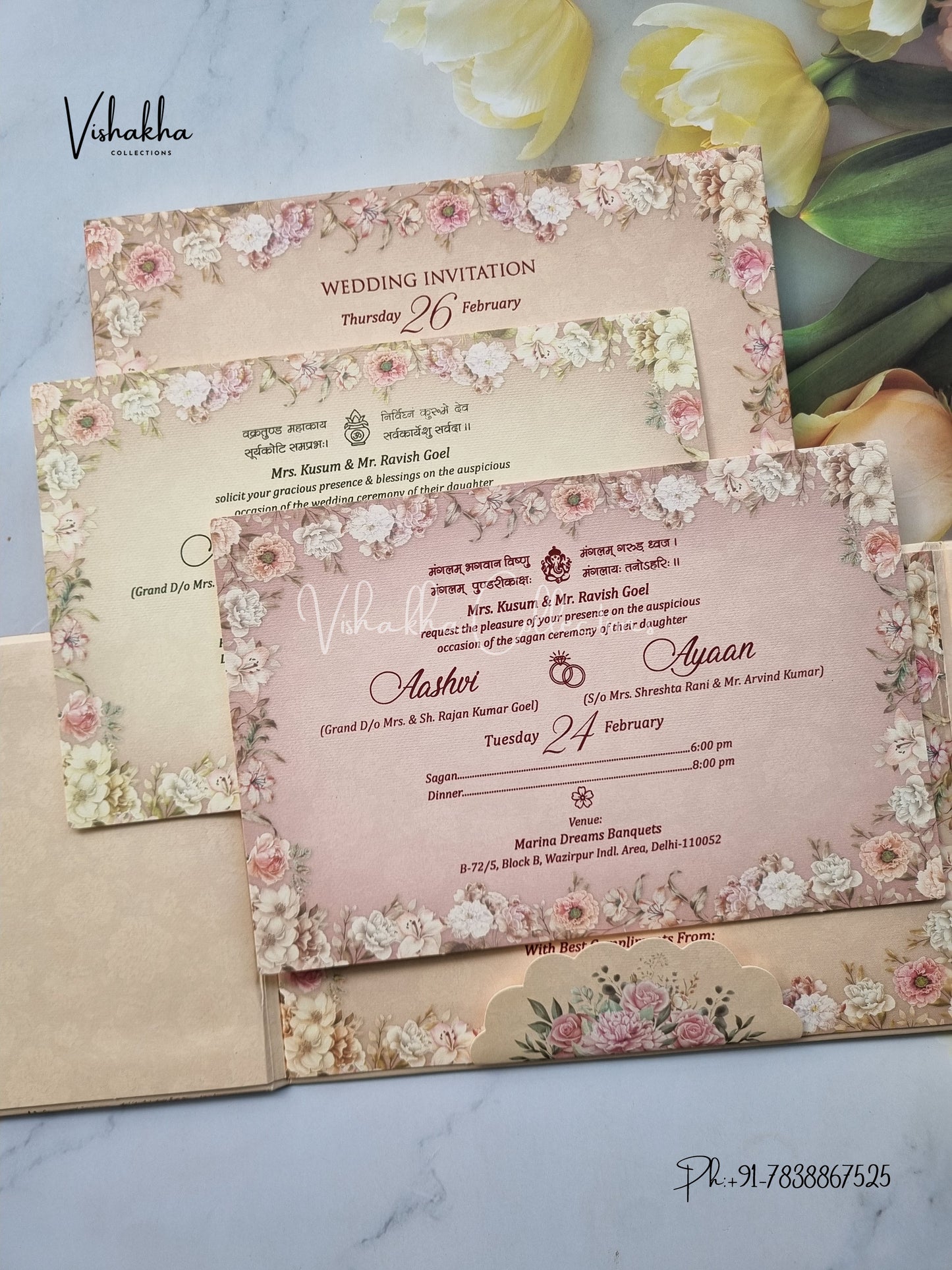 Semi Box Flower Double Door Hindu Muslim Christian Sikh Padded invitation Cards EJ-5042