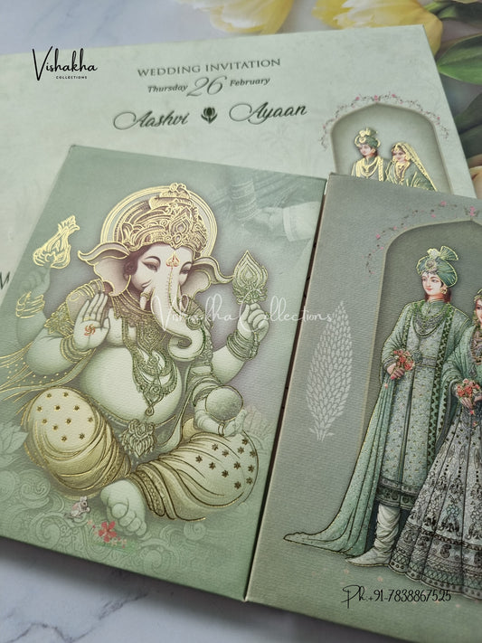 Semi Box Ganesh Ji Dulah Dulhan Double Door Hindu Sikh Padded invitation Cards EJ-5043