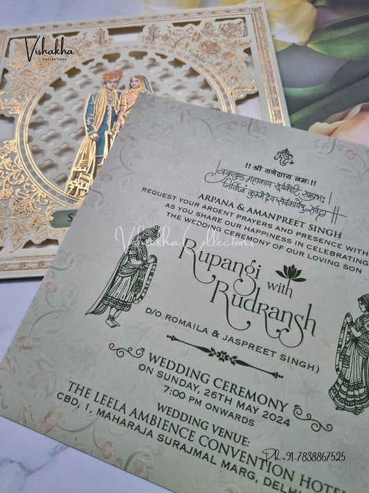 Single Insert Dulah Dulhan Hindu Sikh Laser Cut invitation Cards EJ-5074