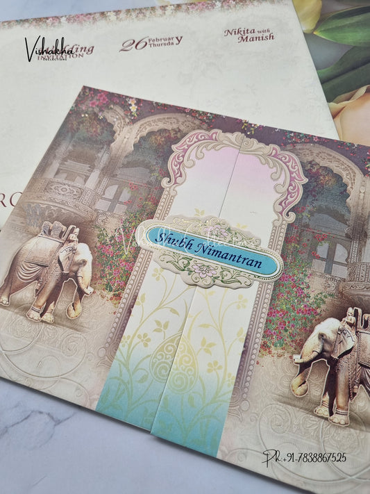 Hathi Double Door Hindu invitation Cards EJ-5093