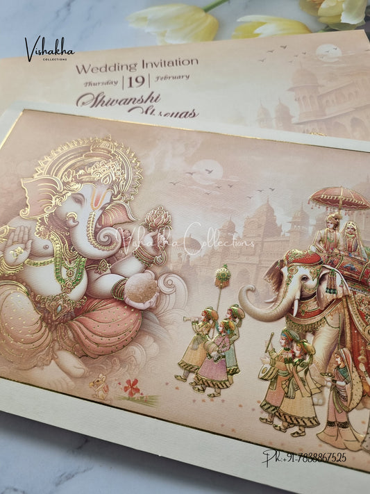 Semi Box Hathi Ganesh Ji Hindu invitation Cards EJ-5116