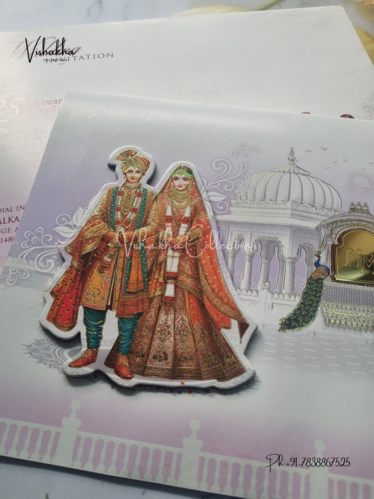 Peacock Semi Box Dulah Dulhan Hindu Sikh invitation Cards EJ-5176