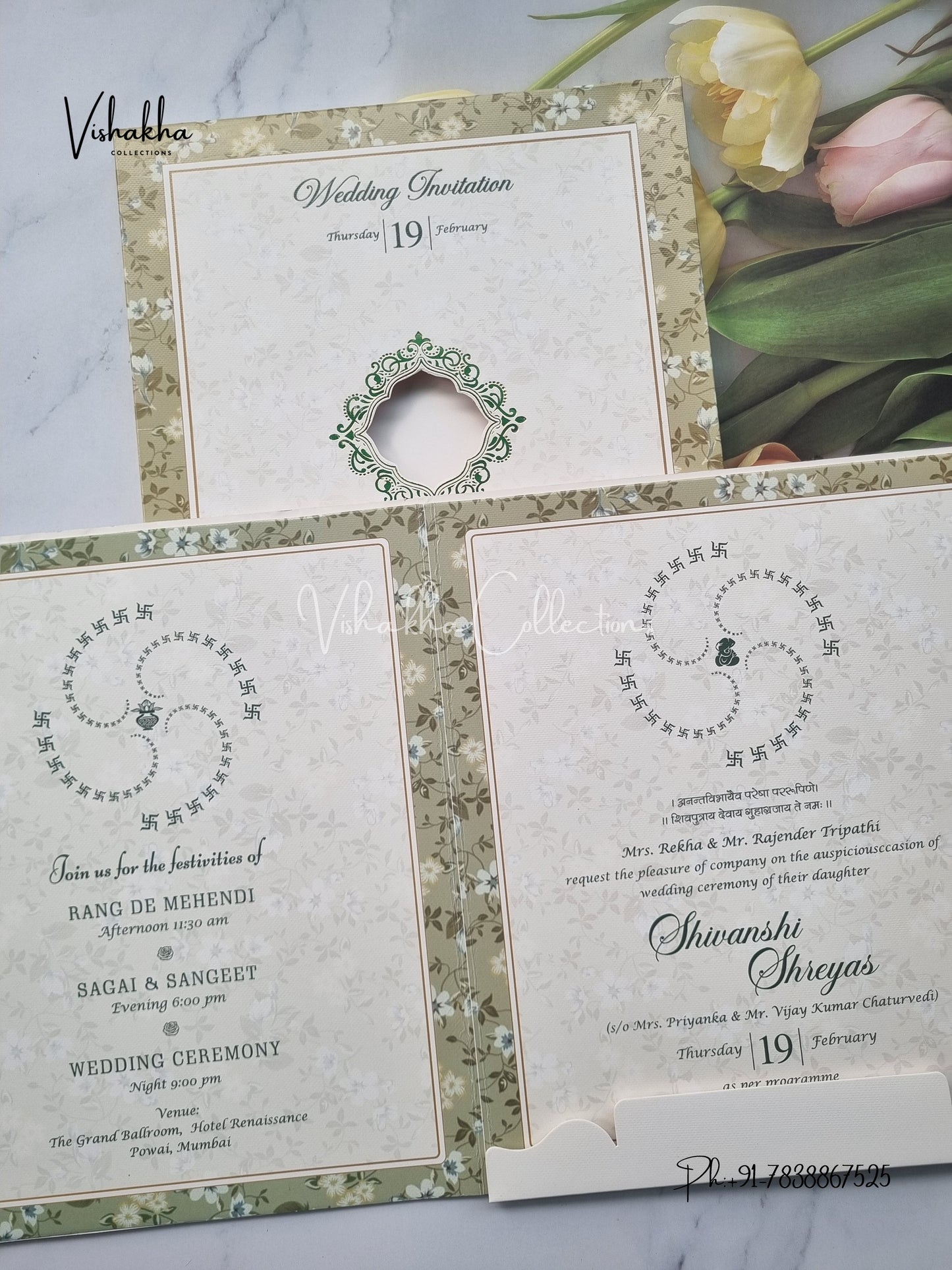 Semi Box Flower Hindu Muslim Christian Sikh invitation Cards EJ-5289