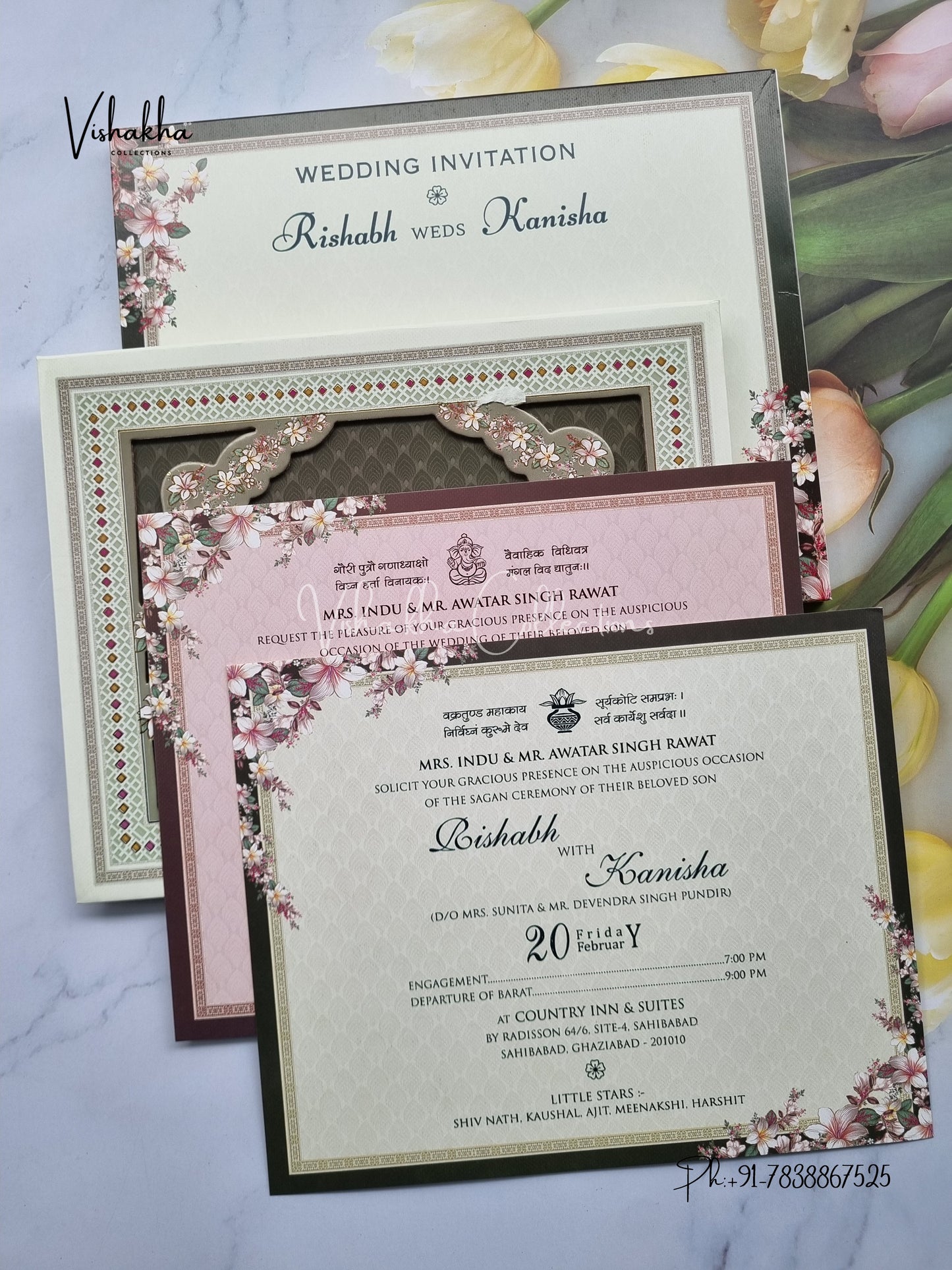 Flower Hindu Muslim Christian Sikh Padded invitation Cards EJ-5332