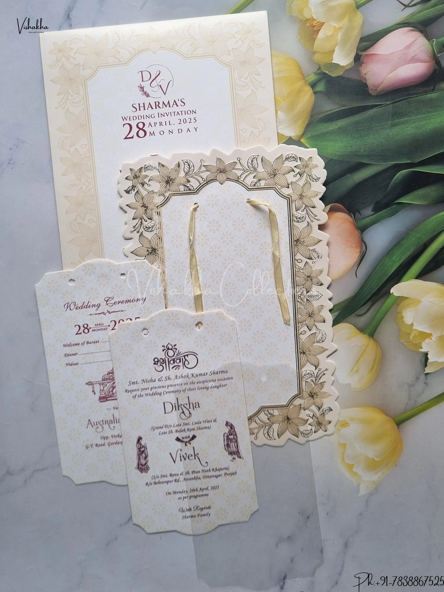 Semi Box Flower Hindu Muslim Christian Jain Sikh Cream Colored wedding invitation Cards GS-222-1