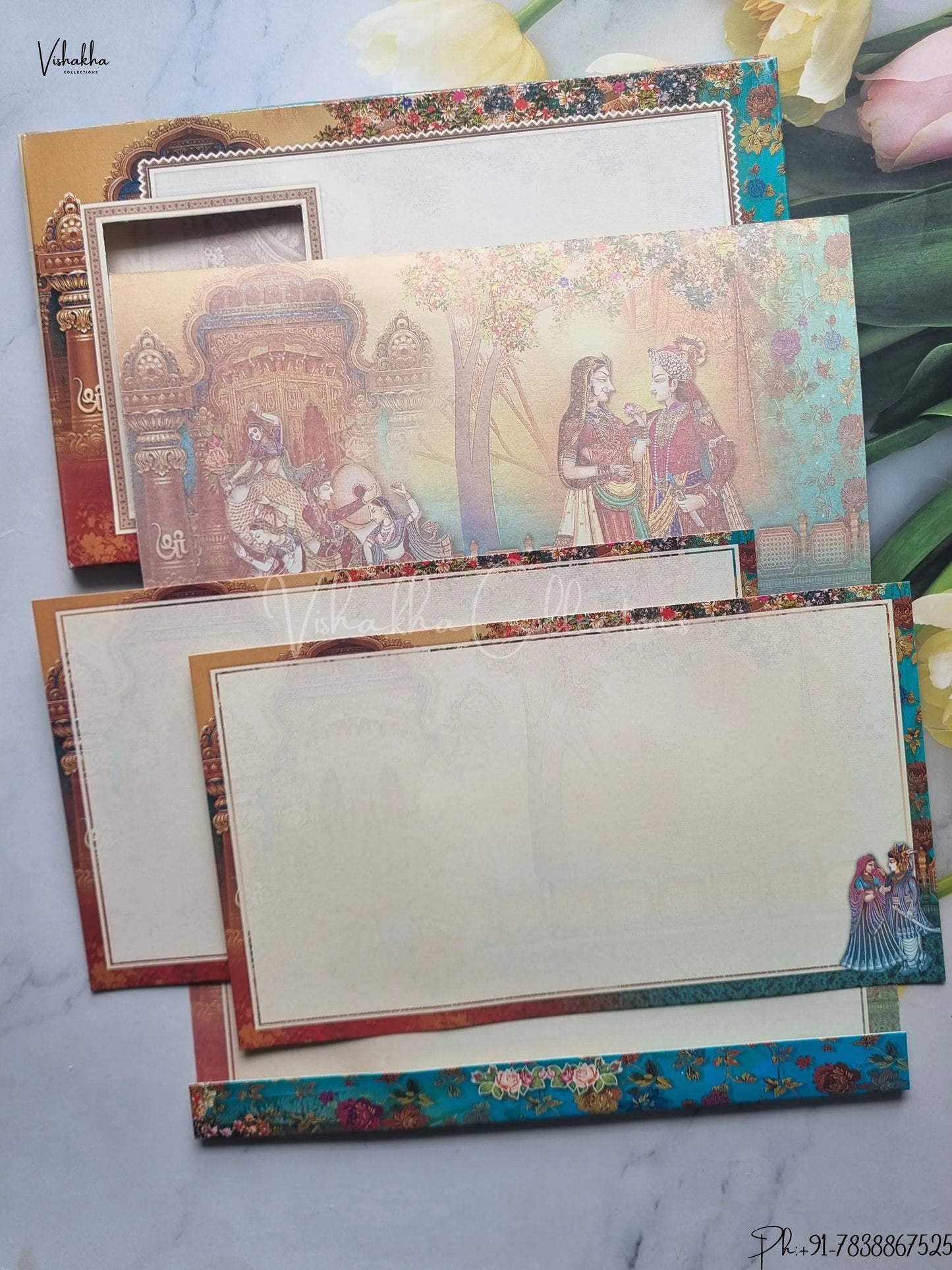 Radha Krishna Semi Box Ganesh Ji Hindu Multicolor Colored wedding invitation Cards GS-4826