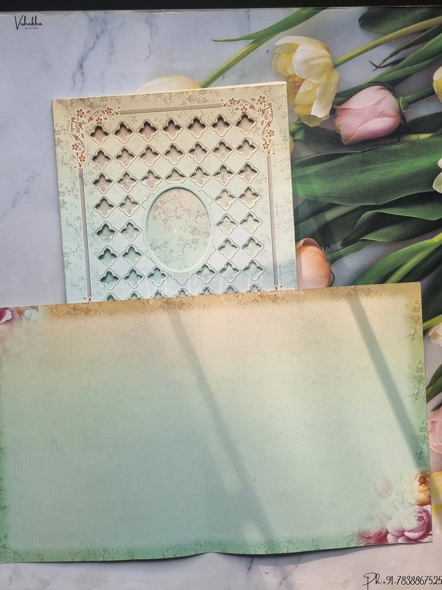 Semi Box Flower Hindu Muslim Christian Jain Sikh Pista Green Colored wedding invitation Cards GS-4834