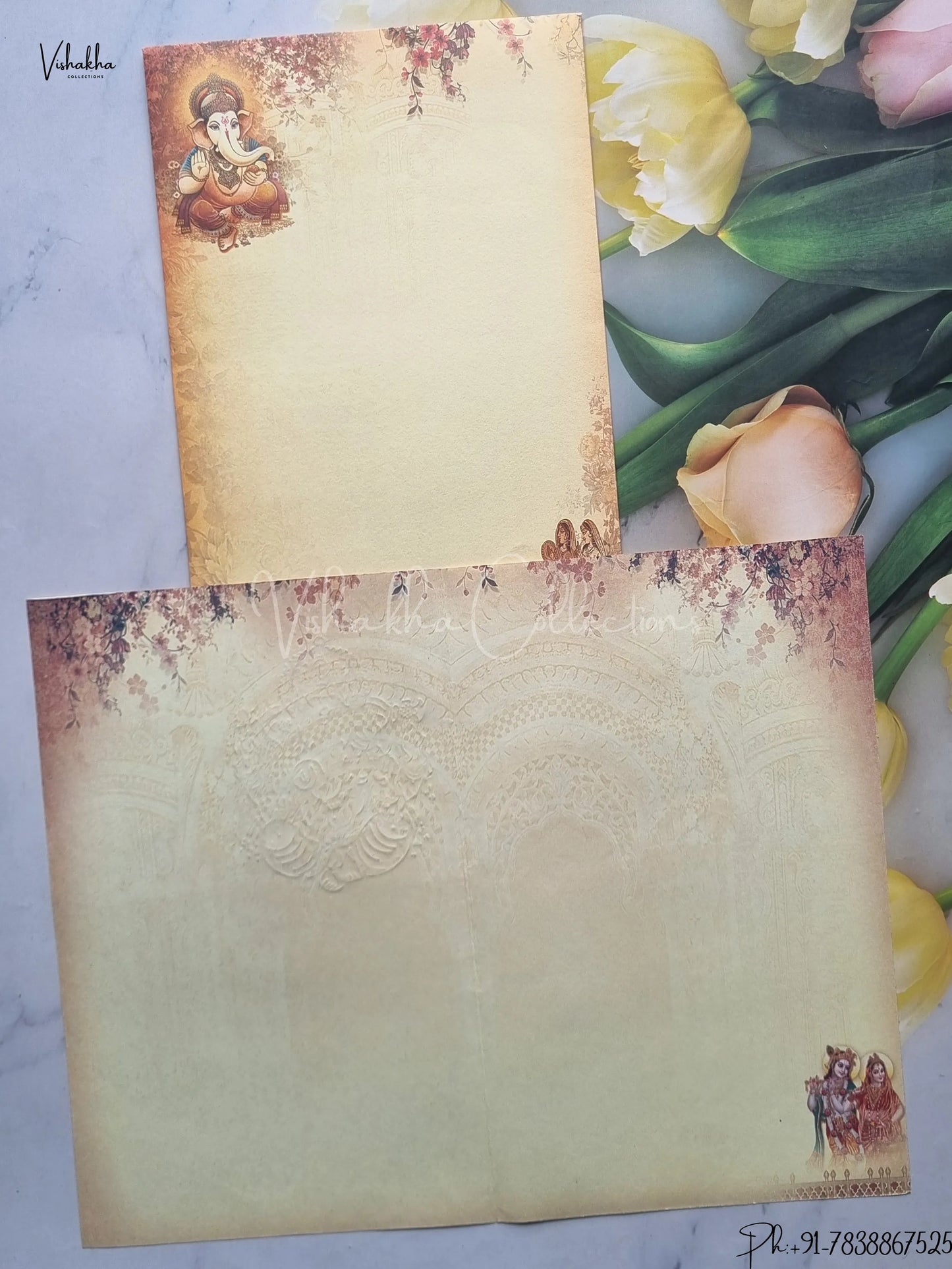 Radha Krishna Ganesh Ji Hindu Light Yellow Colored wedding invitation Cards GS-5002