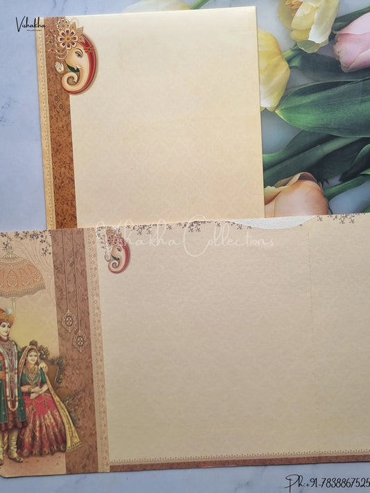 Ganesh Ji Dulah Dulhan Hindu Light Brown And Red Colored wedding invitation Cards GS-5033