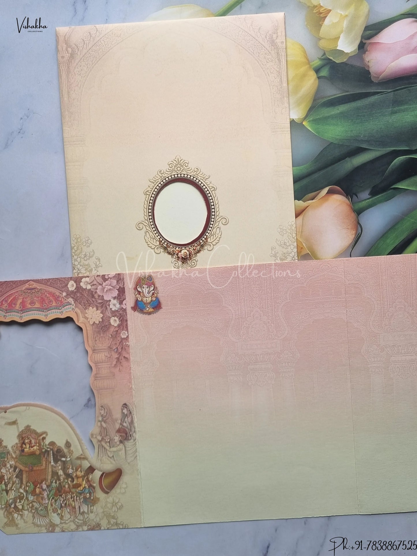 Radha Krishna Ganesh Ji Dulah Dulhan Hindu Light Brown And Multicolor Colored wedding invitation Cards GS-5034