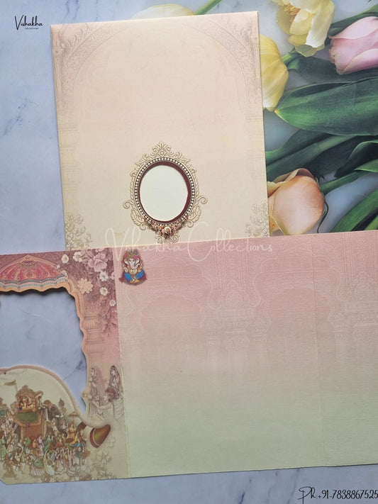 Radha Krishna Ganesh Ji Dulah Dulhan Hindu Light Brown And Multicolor Colored wedding invitation Cards GS-5034