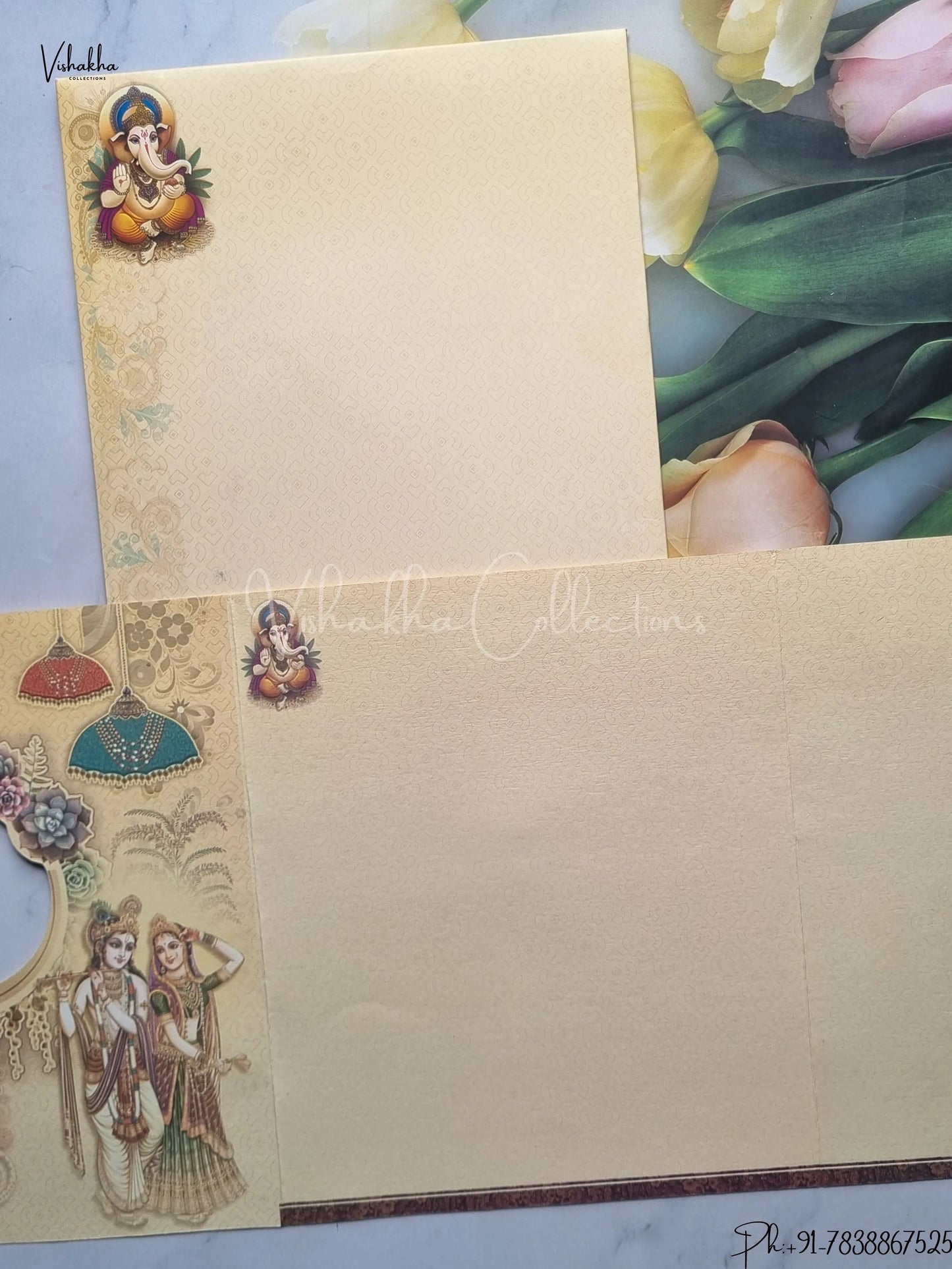 Radha Krishna Peacock Ganesh Ji Hindu Light Brown And Blue Colored wedding invitation Cards GS-5035