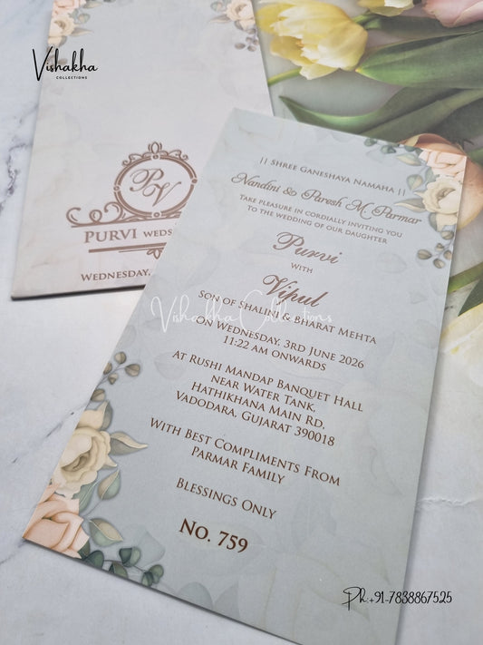 Single Insert Flower Hindu Muslim Christian Sikh Colored invitation Cards LN-759