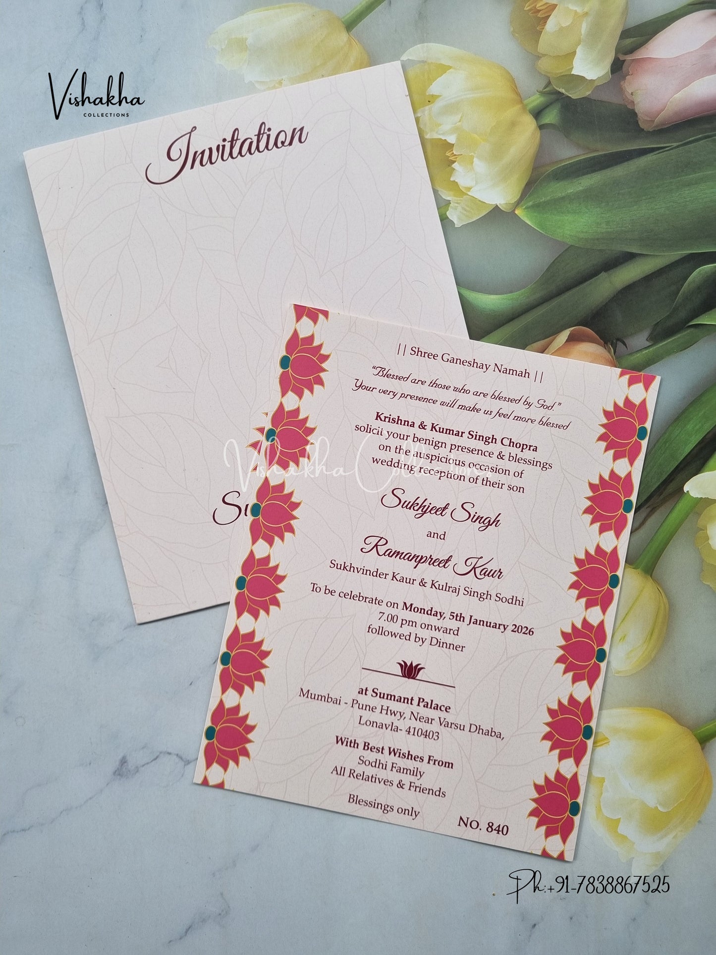 Single Insert Flower Hindu Muslim Christian Sikh invitation Cards LN-840