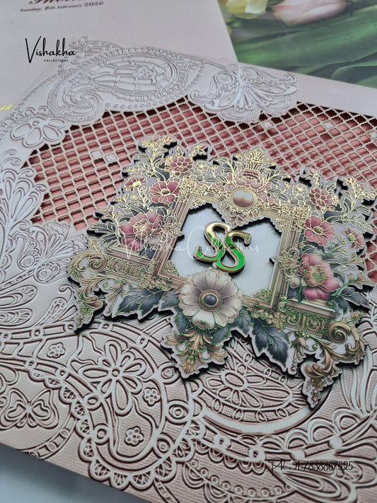 Flower Hindu Muslim Christian Sikh Padded Laser Cut Colored invitation Cards LN-853