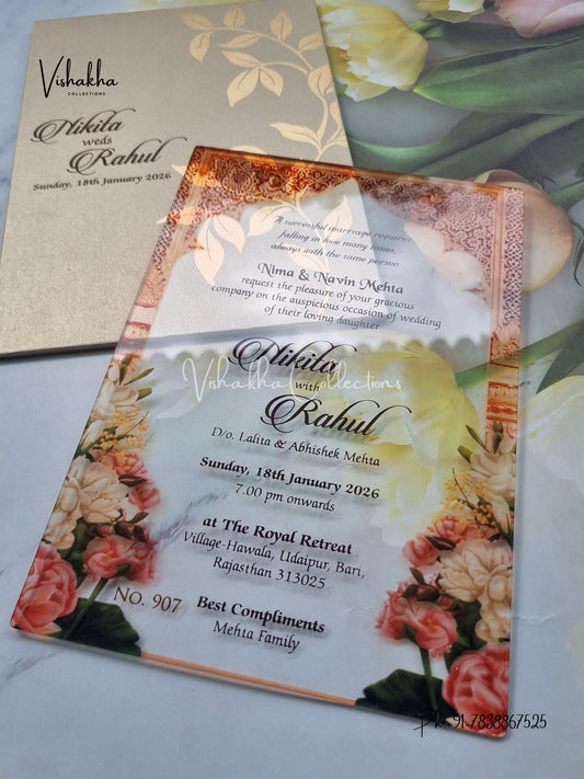Flower Hindu Muslim Christian Sikh Acrylic invitation Cards LN-907
