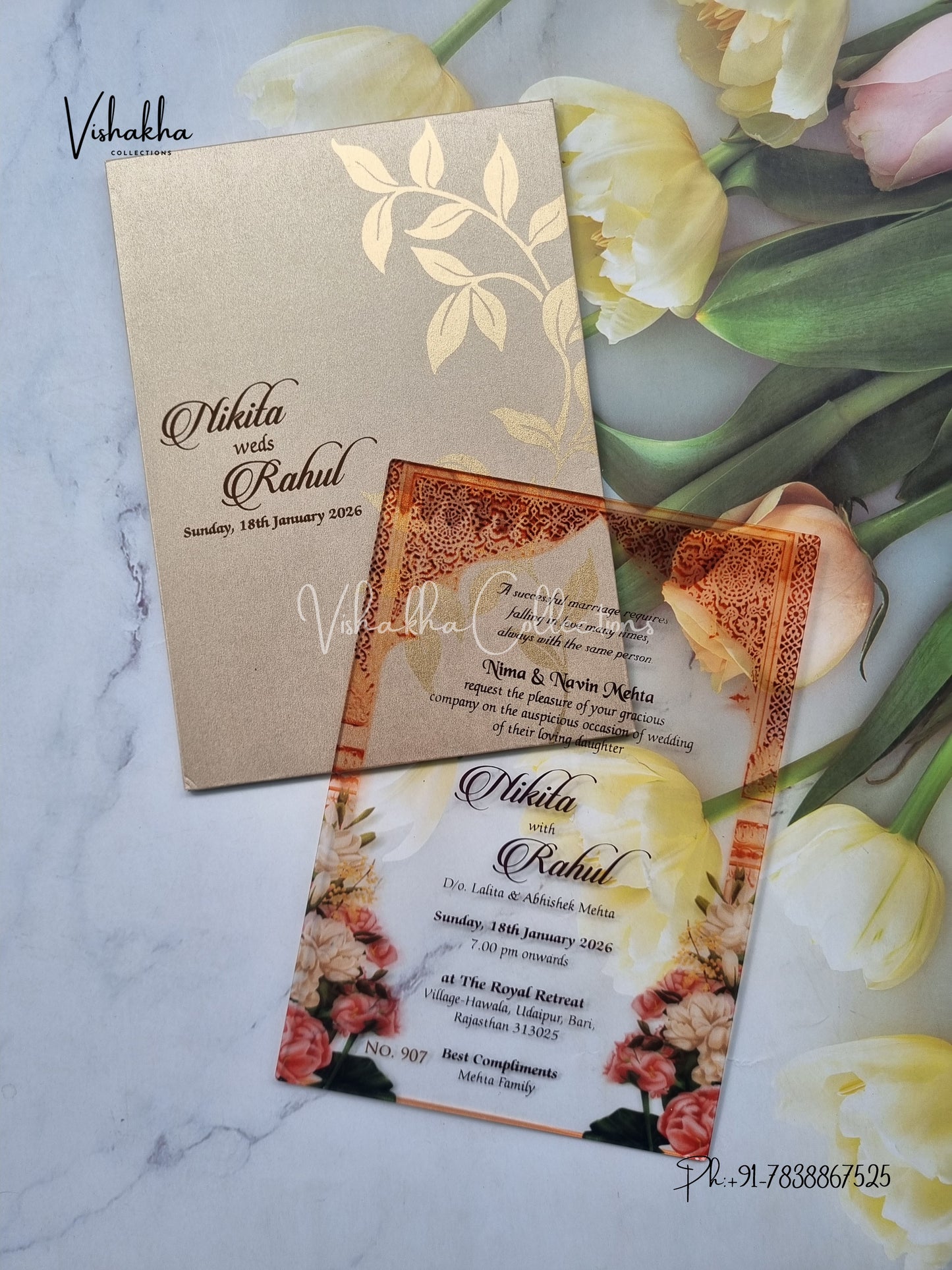 Flower Hindu Muslim Christian Sikh Acrylic invitation Cards LN-907