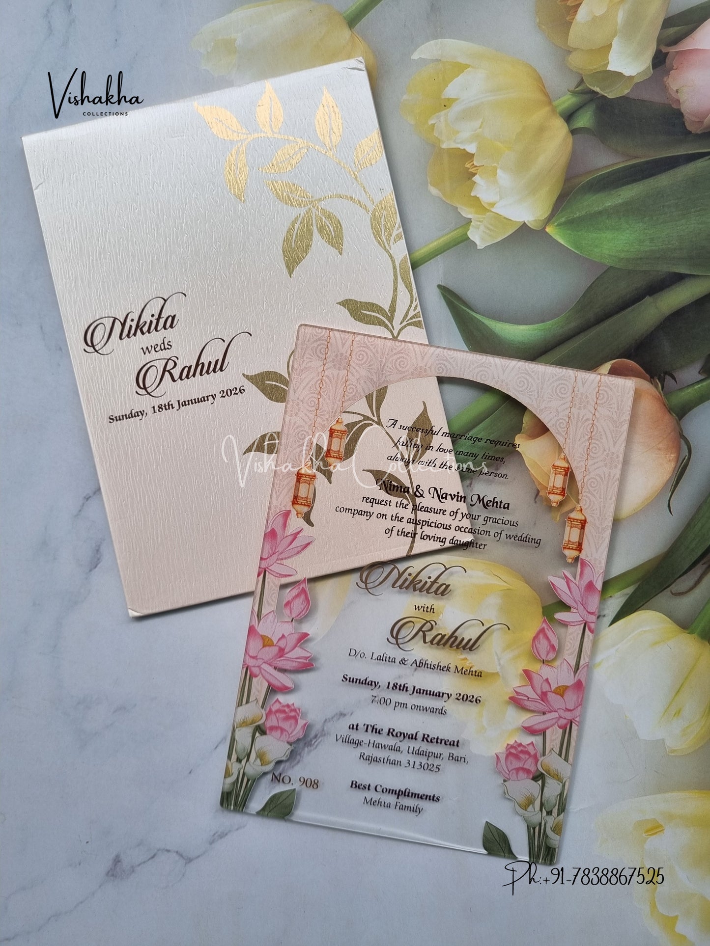 Flower Hindu Muslim Christian Sikh Acrylic invitation Cards LN-908