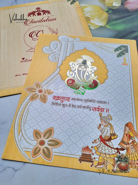Ganesh Ji Dulah Dulhan Hindu Yellow Colored invitation Cards NA-1125-106